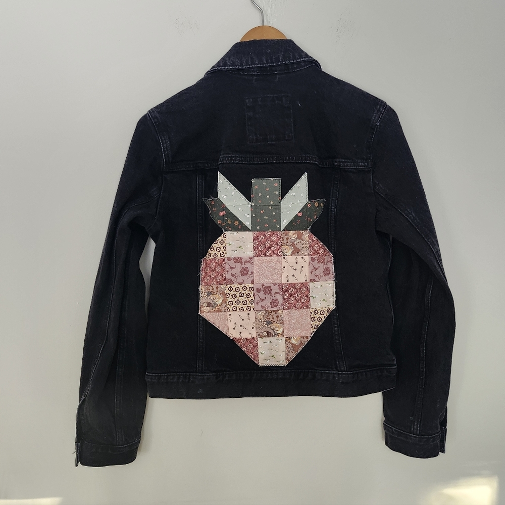 Re Worked A&F Black Denim Jacket With Strawberry Patch On Back - Picture 4 of 11